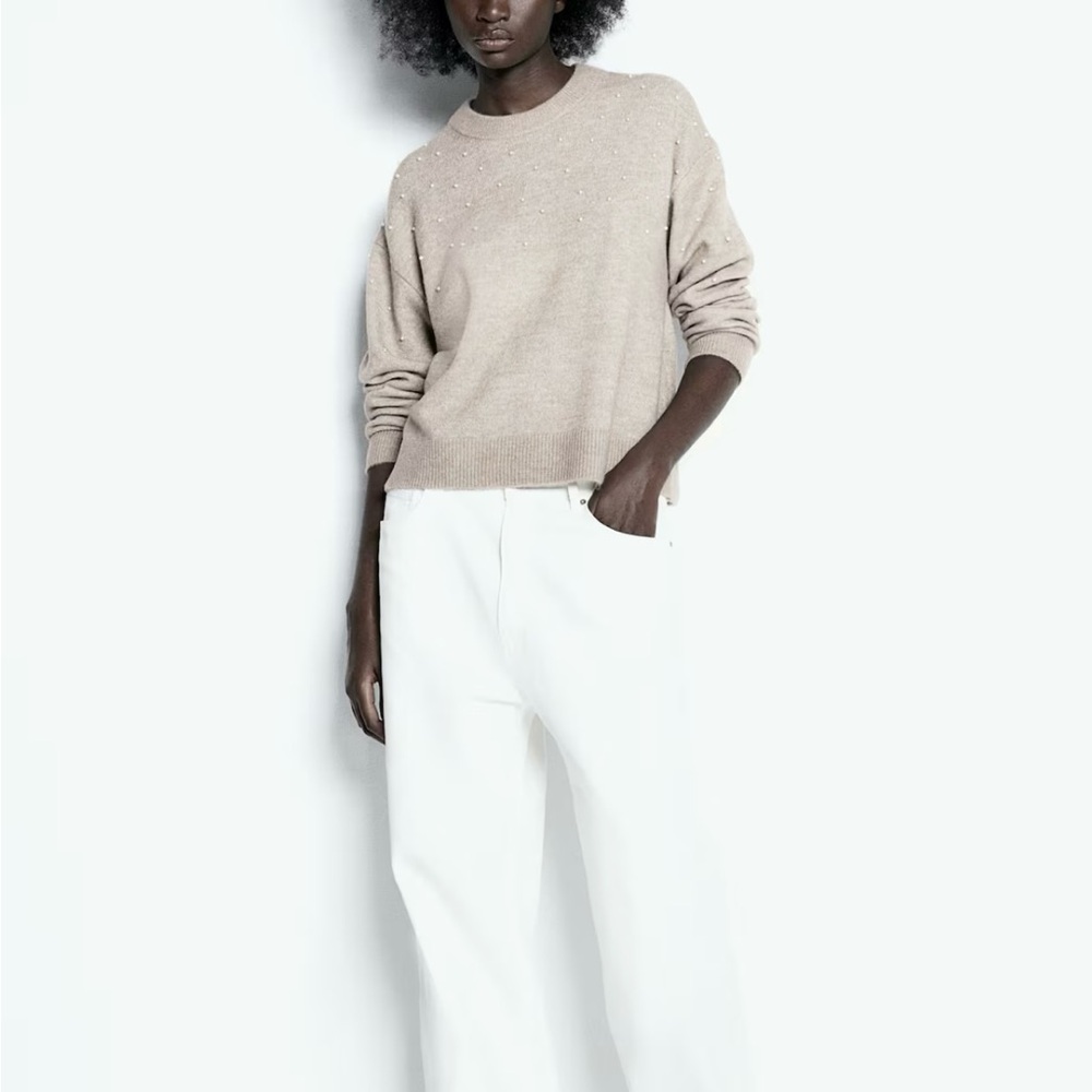 Beige Sweater‎ with Pearl Accents